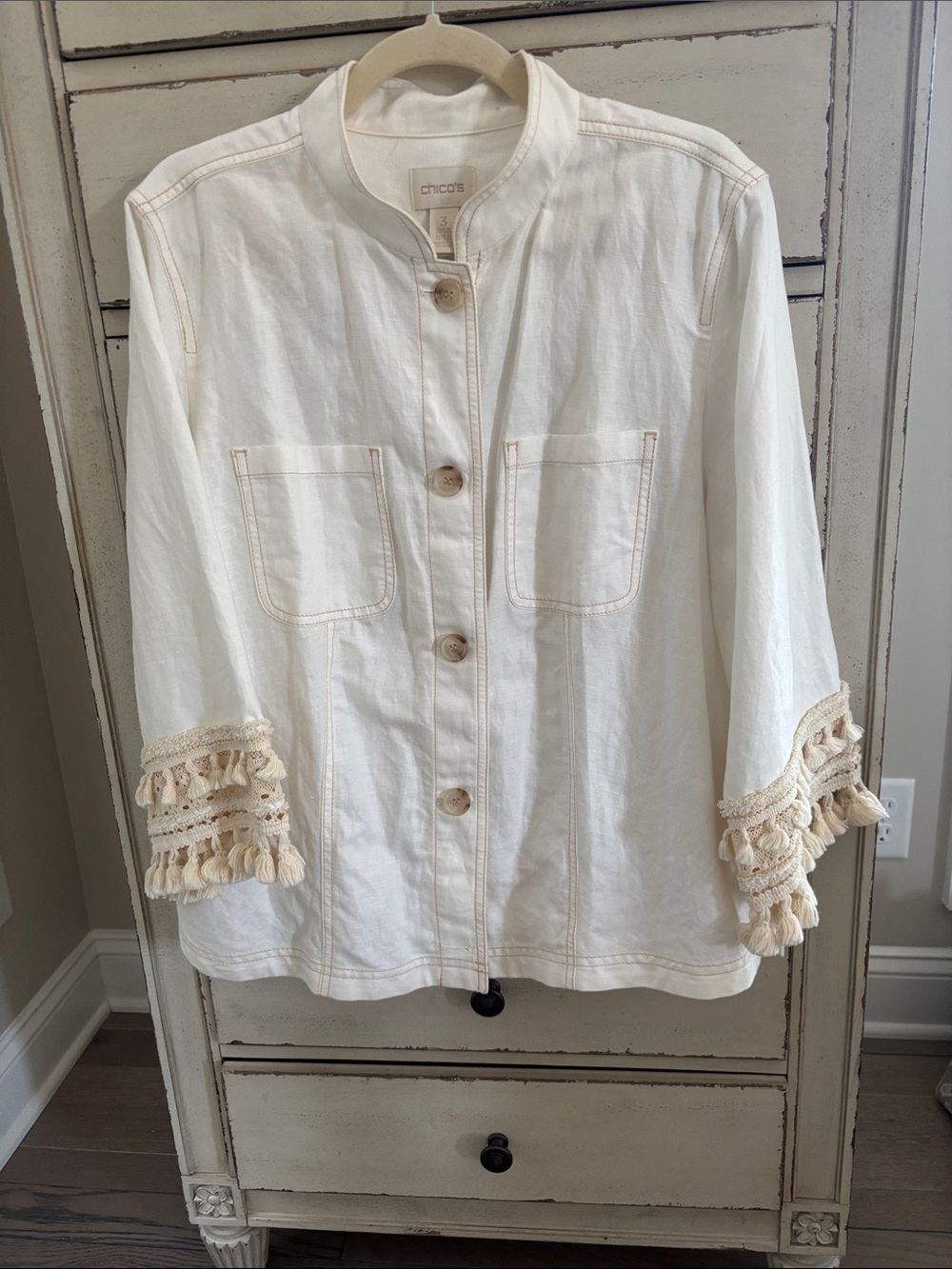 Chico's white  Tassel-Sleeve Linen/Cotton Jacket